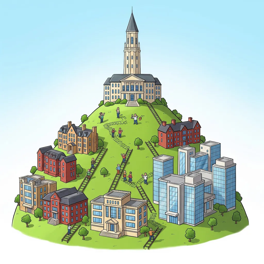 Universities on a hill with ladders connecting them